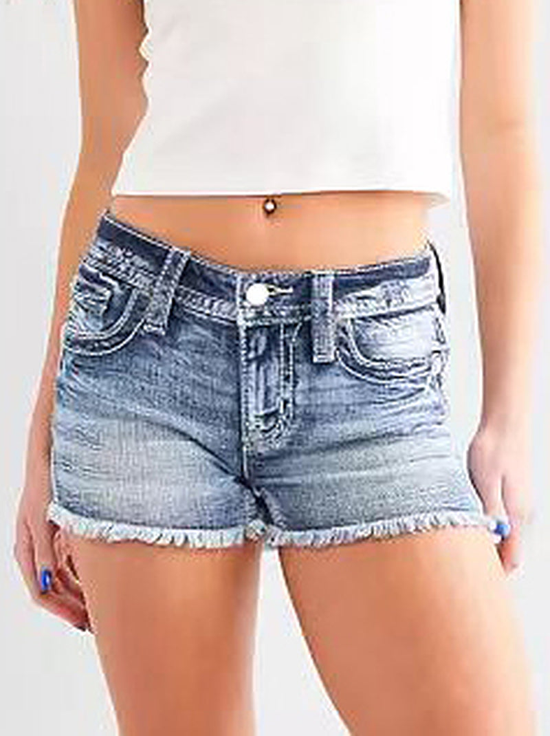 Shorts vaqueros desgastados de tiro medio-alto para mujer
