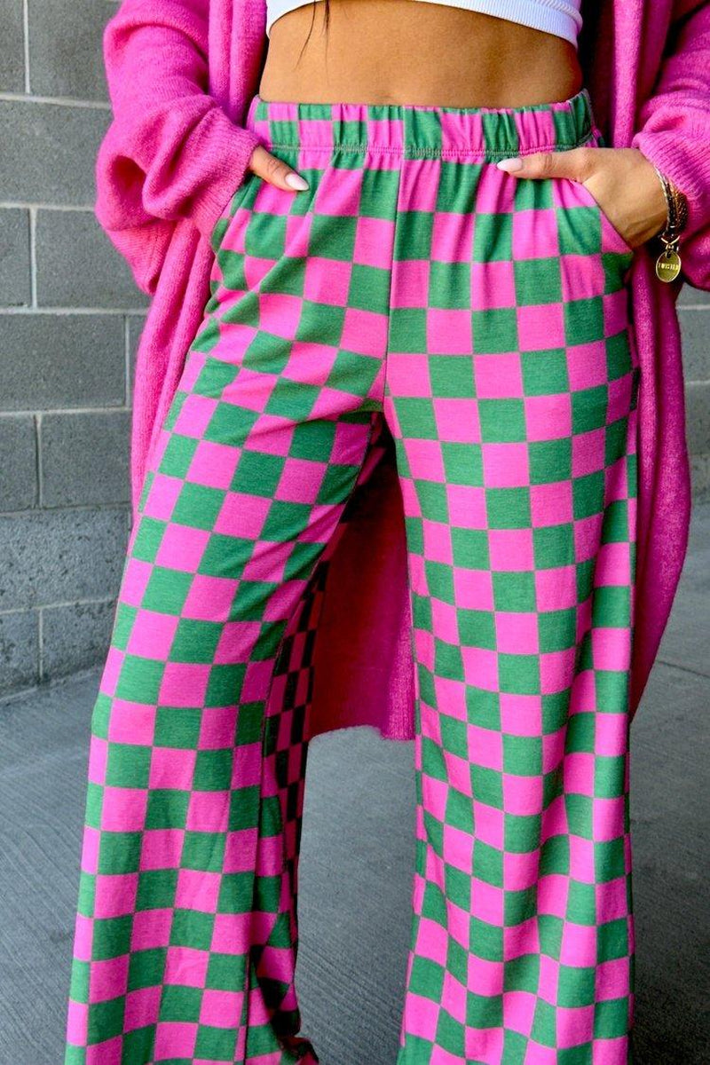 Pantalones rectos con cintura elástica y bolsillos con estampado a cuadros para mujer