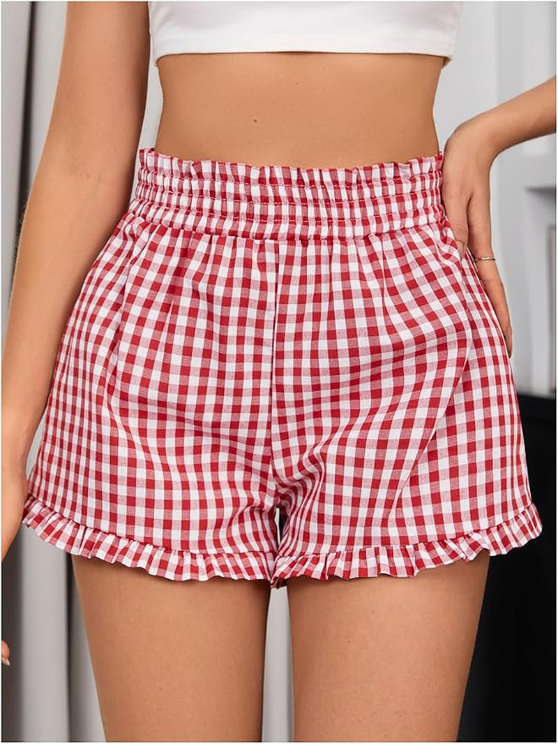  Pantalones cortos con estampado a cuadros, botones decorativos y cintura elástica
