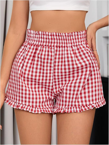  Pantalones cortos con estampado a cuadros, botones decorativos y cintura elástica