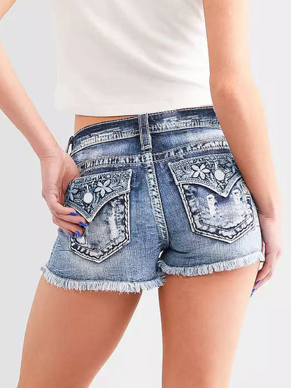 Shorts vaqueros desgastados de tiro medio-alto para mujer