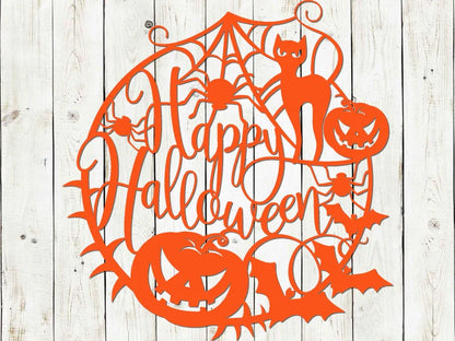 Decoración en metal para puerta con leyenda ‘Happy Halloween'