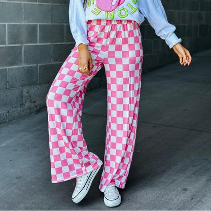 Pantalones rectos con cintura elástica y bolsillos con estampado a cuadros para mujer