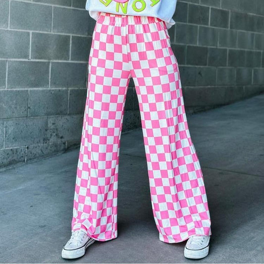 Pantalones rectos con cintura elástica y bolsillos con estampado a cuadros para mujer