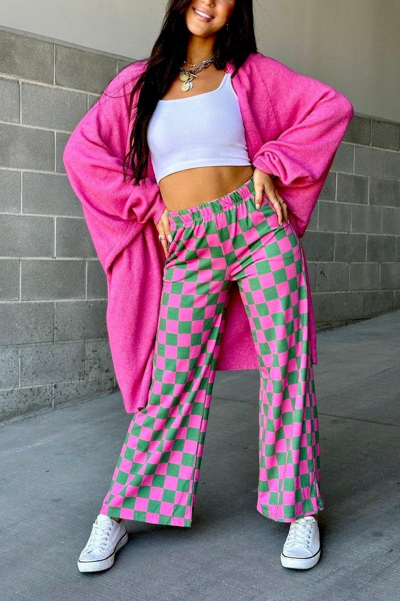 Pantalones rectos con cintura elástica y bolsillos con estampado a cuadros para mujer