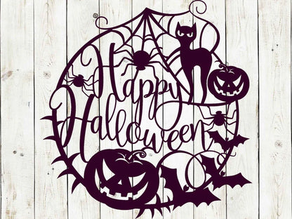 Decoración en metal para puerta con leyenda ‘Happy Halloween'