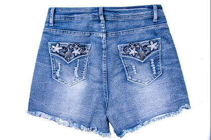 Shorts vaqueros desgastados de tiro medio-alto para mujer