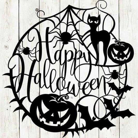 Decoración en metal para puerta con leyenda ‘Happy Halloween'
