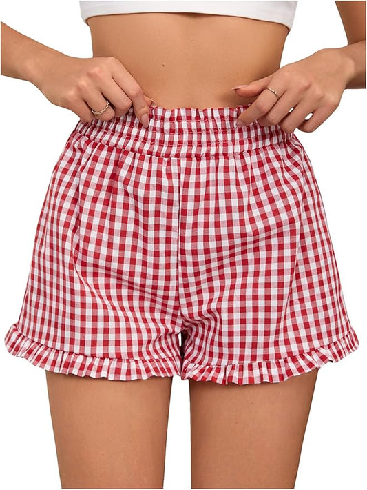  Pantalones cortos con estampado a cuadros, botones decorativos y cintura elástica