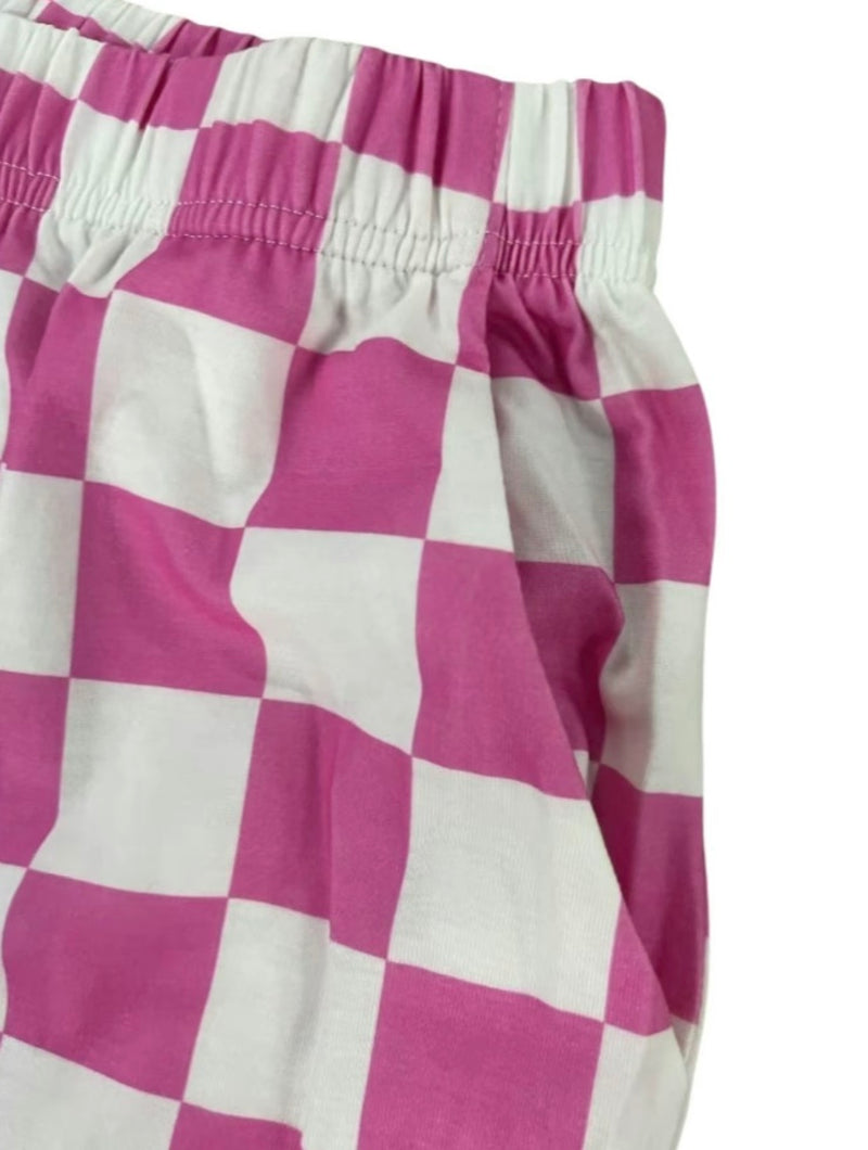 Pantalones rectos con cintura elástica y bolsillos con estampado a cuadros para mujer