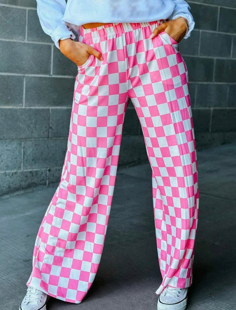 Pantalones rectos con cintura elástica y bolsillos con estampado a cuadros para mujer